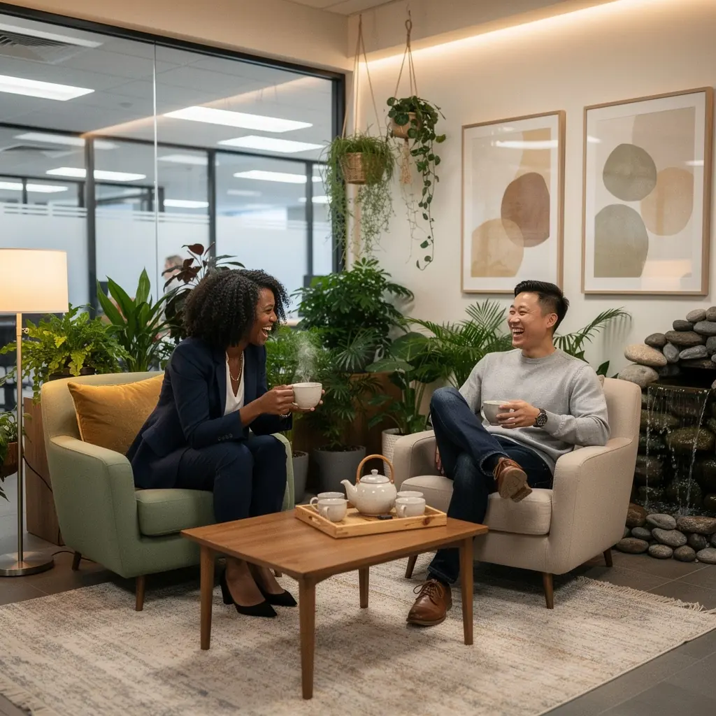 Otwarte biuro z przestronnymi stanowiskami pracy i strefami relaksu.