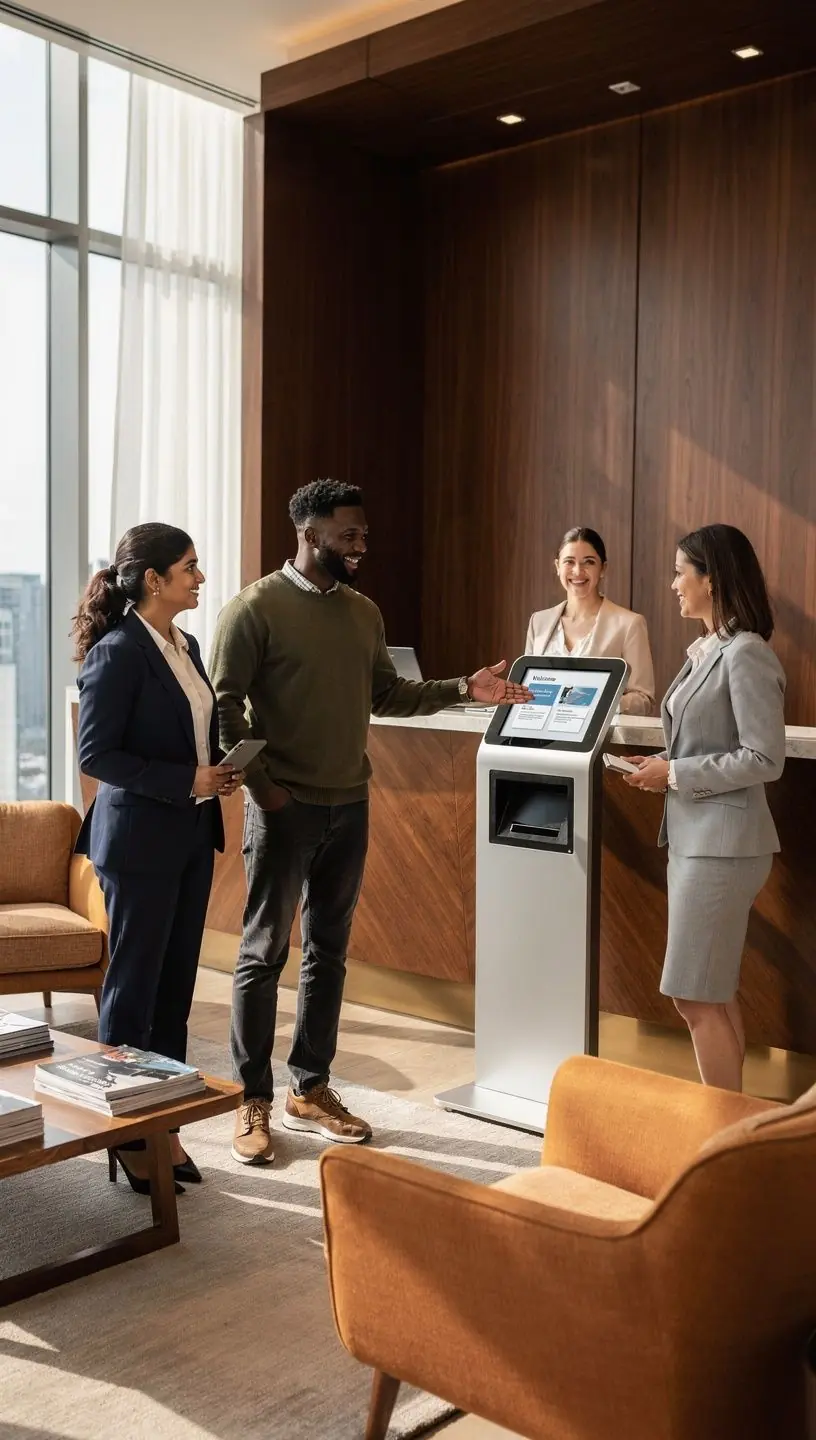 Nowoczesne biuro z elegancką recepcją i wygodnymi miejscami do siedzenia.